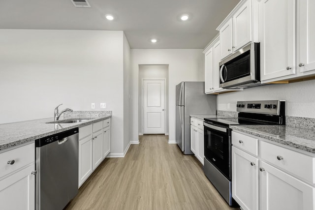 kitchen with light stone counters, stainless steel appliances, a sink, white cabinetry, and light wood finished floors