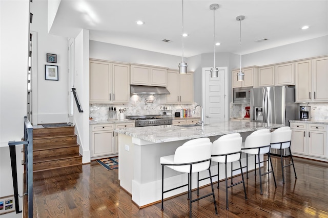 kitchen featuring dark wood finished floors, backsplash, stainless steel appliances, under cabinet range hood, and a sink