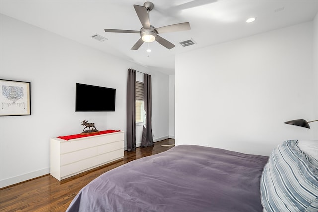 bedroom featuring recessed lighting, visible vents, ceiling fan, and wood finished floors