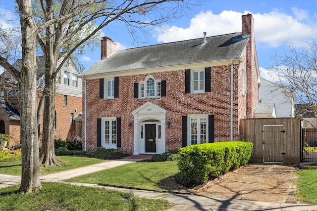 view of front of property featuring a front yard, brick siding, a chimney, and a gate