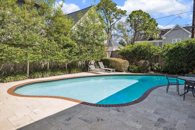 view of swimming pool with a fenced in pool, a fenced backyard, and a patio area