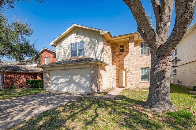 traditional-style home featuring a garage, brick siding, driveway, and a front lawn