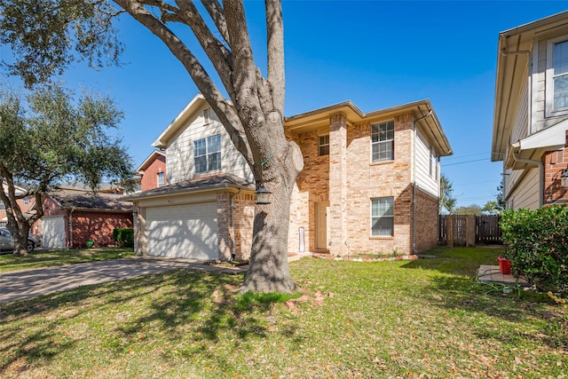 view of front of home featuring brick siding, an attached garage, a front yard, fence, and driveway