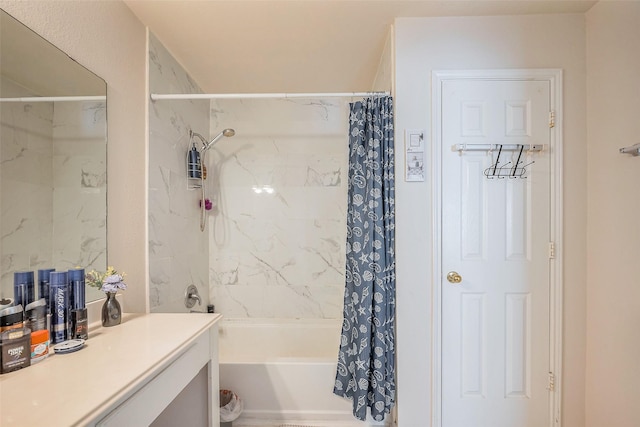 full bath featuring shower / bathtub combination with curtain and vanity