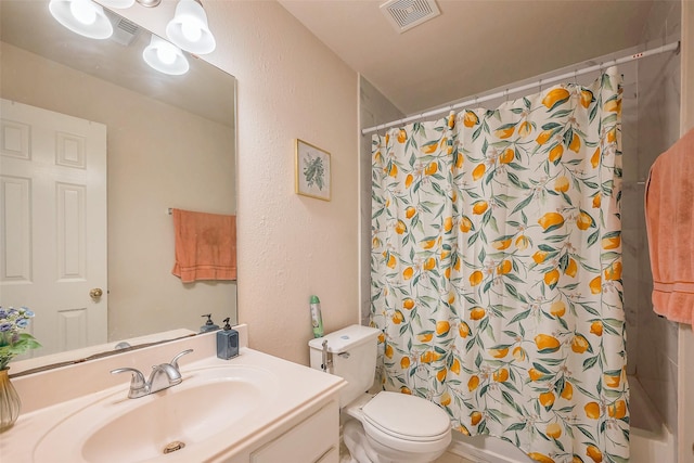 bathroom with visible vents, a textured wall, shower / bathtub combination with curtain, toilet, and vanity