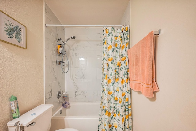 full bath featuring a textured wall, shower / bathtub combination with curtain, and toilet