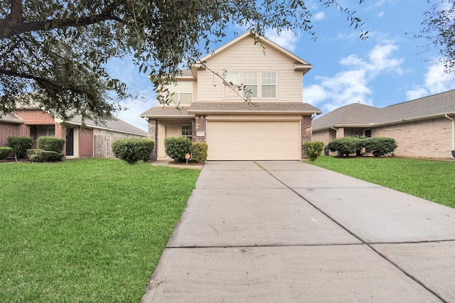 traditional-style home with a garage, brick siding, a shingled roof, concrete driveway, and a front yard