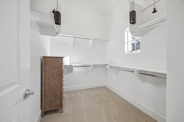 spacious closet featuring light colored carpet