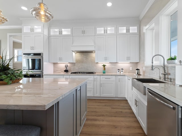 kitchen featuring appliances with stainless steel finishes, premium range hood, a sink, and ornamental molding