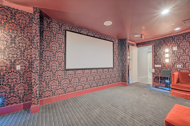 home theater room featuring recessed lighting, visible vents, and wallpapered walls