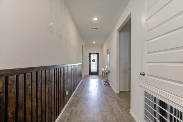 5723 Morning Vista Rd, Katy, TX 77493 - hall featuring visible vents, wood finished floors, and recessed lighting