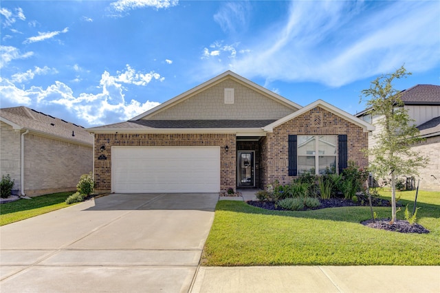 ranch-style house featuring a garage, brick siding, a shingled roof, concrete driveway, and a front yard