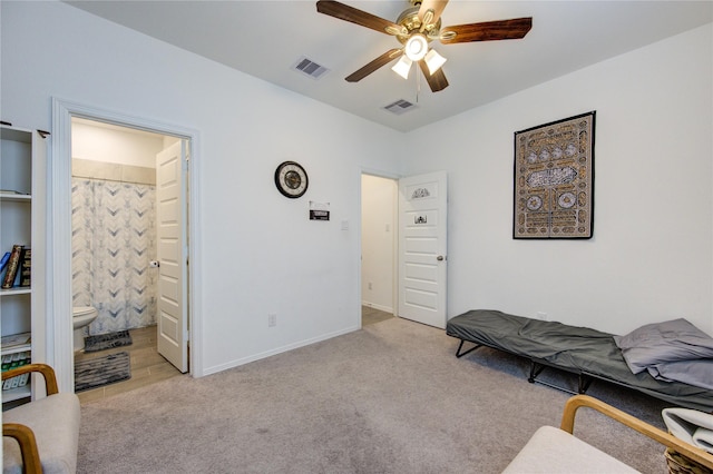 5723 Morning Vista Rd, Katy, TX 77493 - bedroom with a ceiling fan, light colored carpet, visible vents, and baseboards