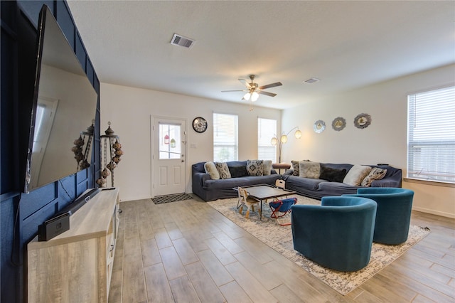 5723 Morning Vista Rd, Katy, TX 77493 - living room featuring ceiling fan, light wood finished floors, plenty of natural light, and visible vents
