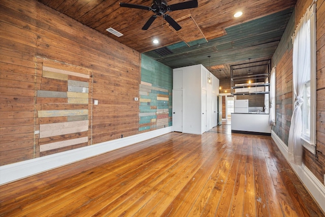 unfurnished room featuring a ceiling fan, wood ceiling, visible vents, and hardwood / wood-style floors