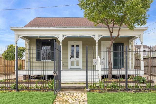 view of front of home featuring covered porch, fence, and roof with shingles