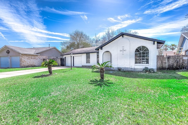 view of front facade featuring brick siding, concrete driveway, fence, a garage, and a front lawn