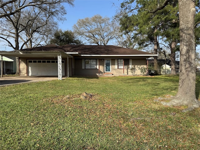 ranch-style home featuring an attached garage, driveway, and a front yard