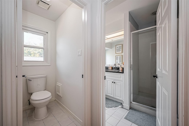 full bathroom with toilet, a stall shower, tile patterned flooring, and visible vents