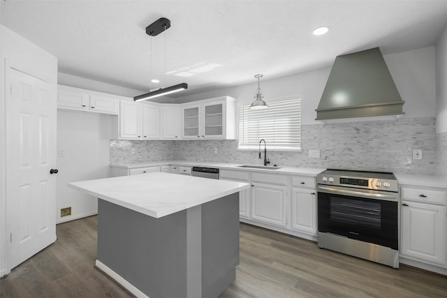 kitchen with a sink, stainless steel appliances, wood finished floors, and wall chimney exhaust hood