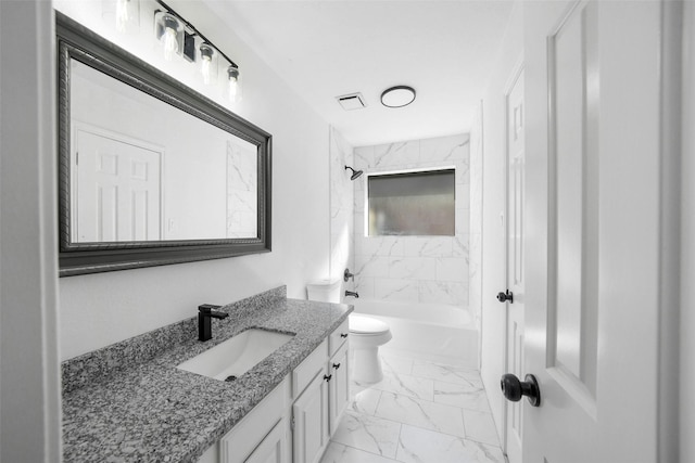 full bathroom with shower / washtub combination, marble finish floor, toilet, and vanity