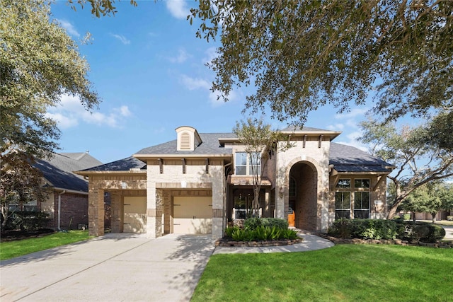 view of front of house with stone siding, an attached garage, concrete driveway, and a front lawn