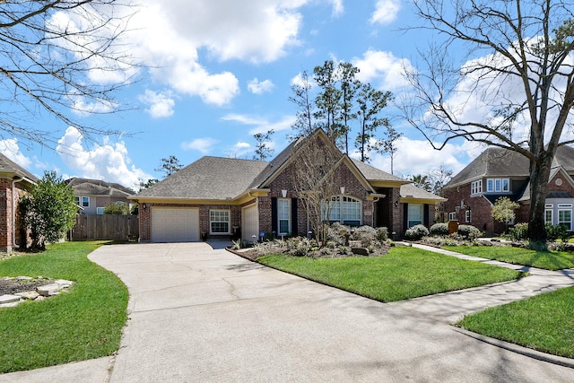 view of front facade with brick siding, driveway, a front lawn, and a garage