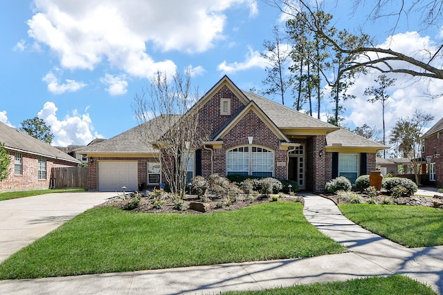 view of front of property with brick siding, a front lawn, fence, a garage, and driveway