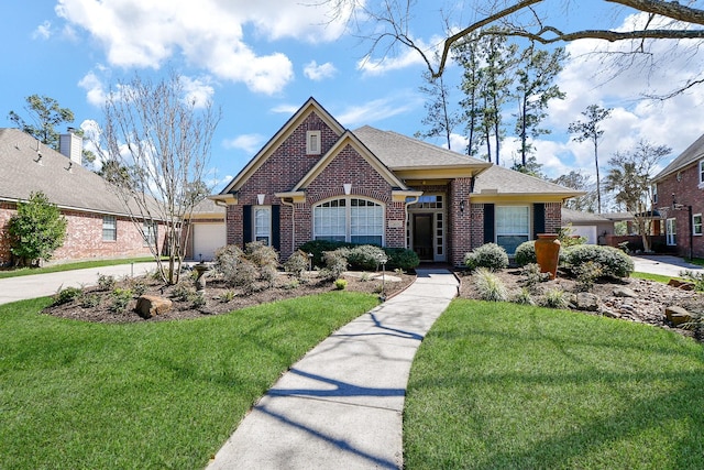 view of front of home featuring a garage, brick siding, roof with shingles, and a front lawn