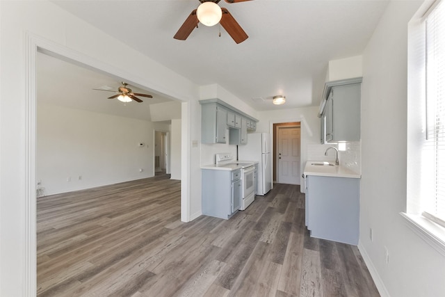 kitchen with white appliances, light countertops, wood finished floors, and open floor plan