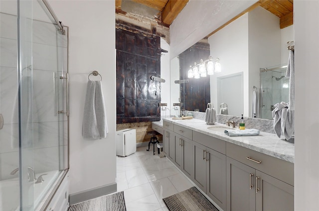 full bath featuring a shower with shower door, a sink, beamed ceiling, and double vanity