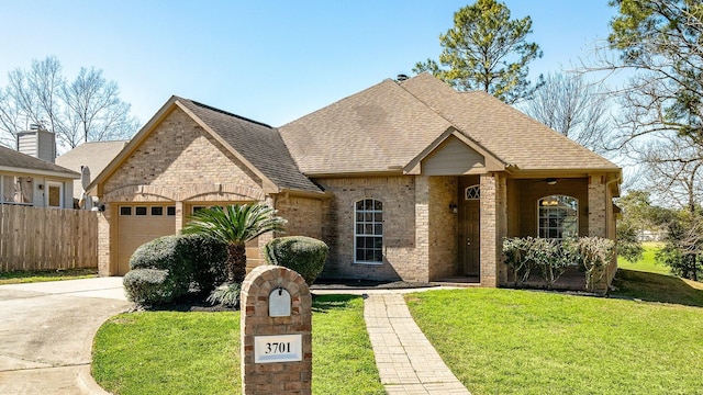 french country style house featuring a garage, a front yard, brick siding, and a shingled roof