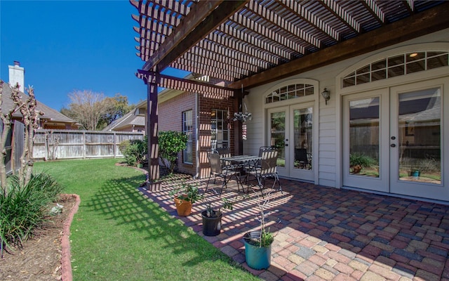 view of patio featuring fence, a pergola, and french doors