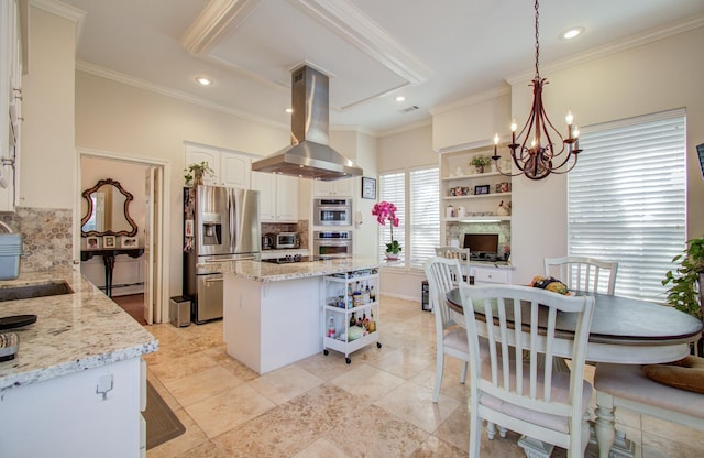 kitchen featuring island range hood, white cabinetry, appliances with stainless steel finishes, open shelves, and tasteful backsplash