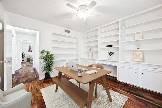 office with dark wood-style floors, ceiling fan, visible vents, and built in features