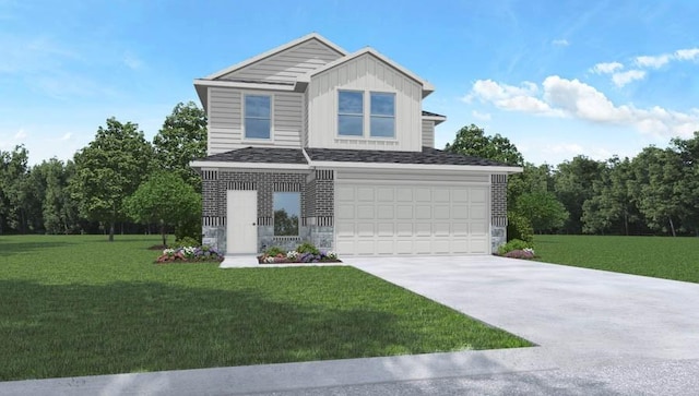 view of front of home with a garage, concrete driveway, stone siding, and a front yard