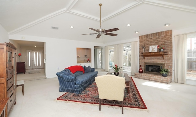 living room featuring recessed lighting, light colored carpet, visible vents, a brick fireplace, and vaulted ceiling