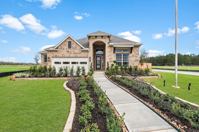 view of front of property with roof with shingles, brick siding, a front lawn, and an attached garage