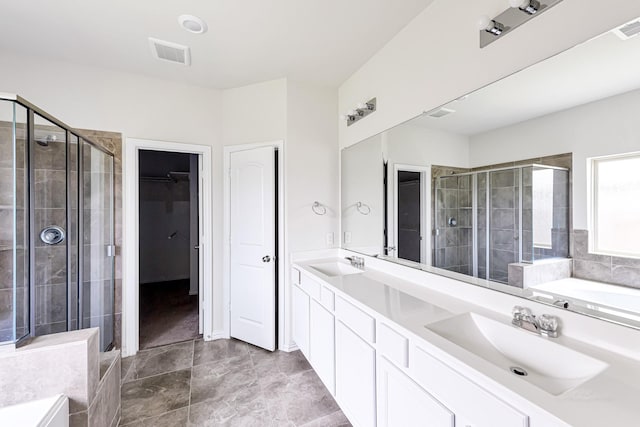 bathroom with a stall shower, a spacious closet, visible vents, and a sink