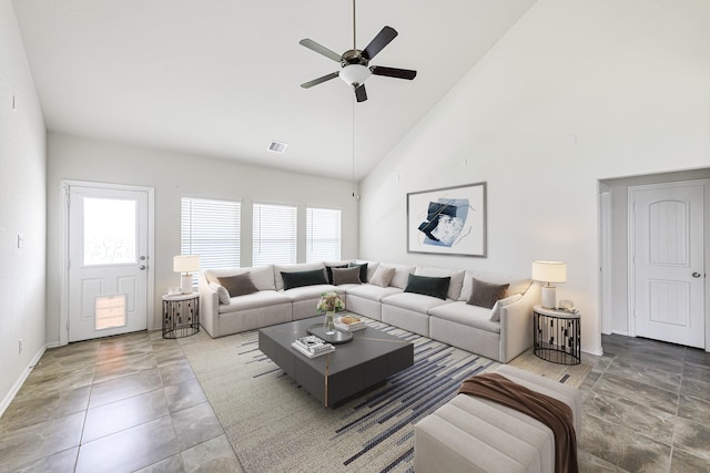 living room with high vaulted ceiling, visible vents, plenty of natural light, and a ceiling fan