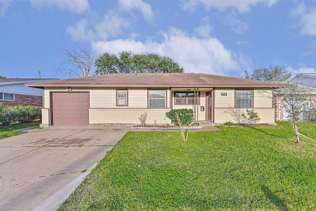 ranch-style house with driveway, an attached garage, a front lawn, and brick siding