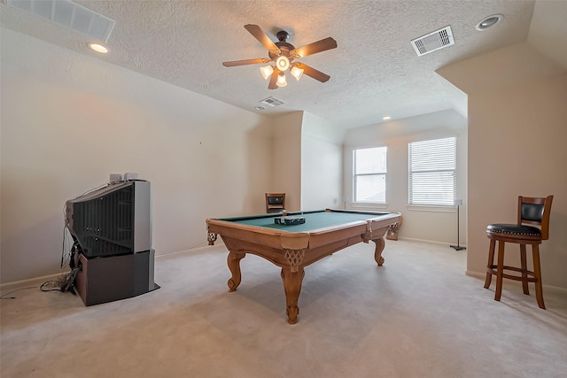 rec room with pool table, light colored carpet, and visible vents