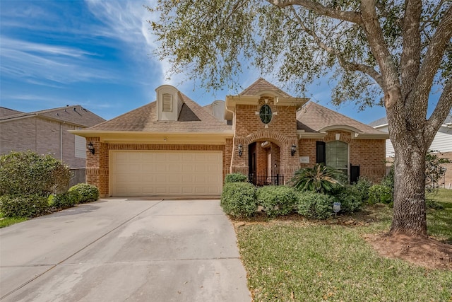 view of front of property featuring concrete driveway, an attached garage, and brick siding