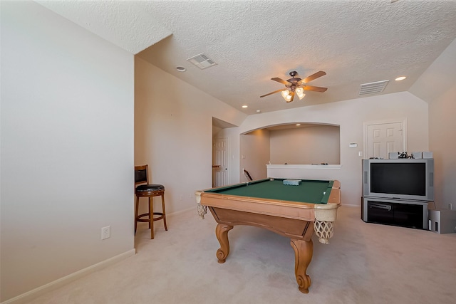 recreation room with billiards, carpet, visible vents, lofted ceiling, and ceiling fan