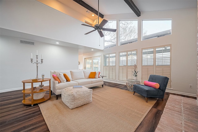 living room featuring dark wood finished floors, beamed ceiling, baseboards, and visible vents