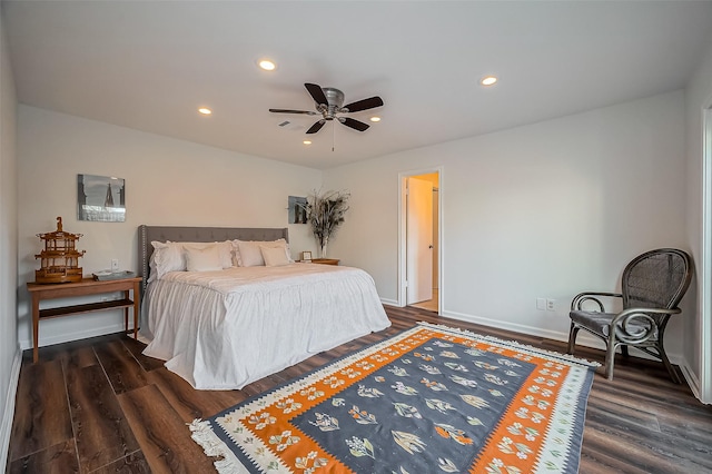 bedroom featuring recessed lighting, a ceiling fan, baseboards, and wood finished floors