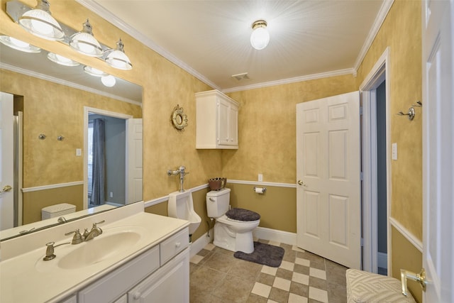 bathroom featuring visible vents, toilet, crown molding, baseboards, and vanity