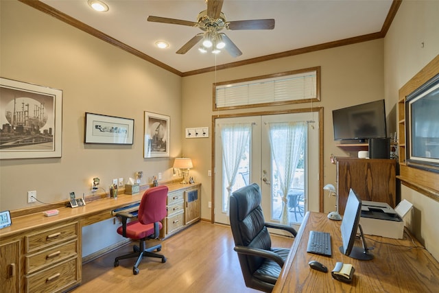 office with light wood-style flooring, ornamental molding, a ceiling fan, and french doors