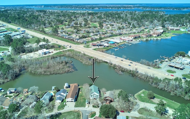 drone / aerial view with a water view