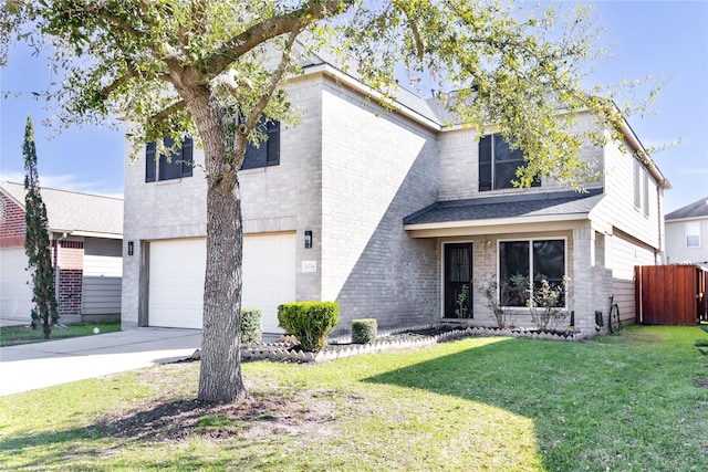 view of front of property with an attached garage, driveway, brick siding, and a front yard